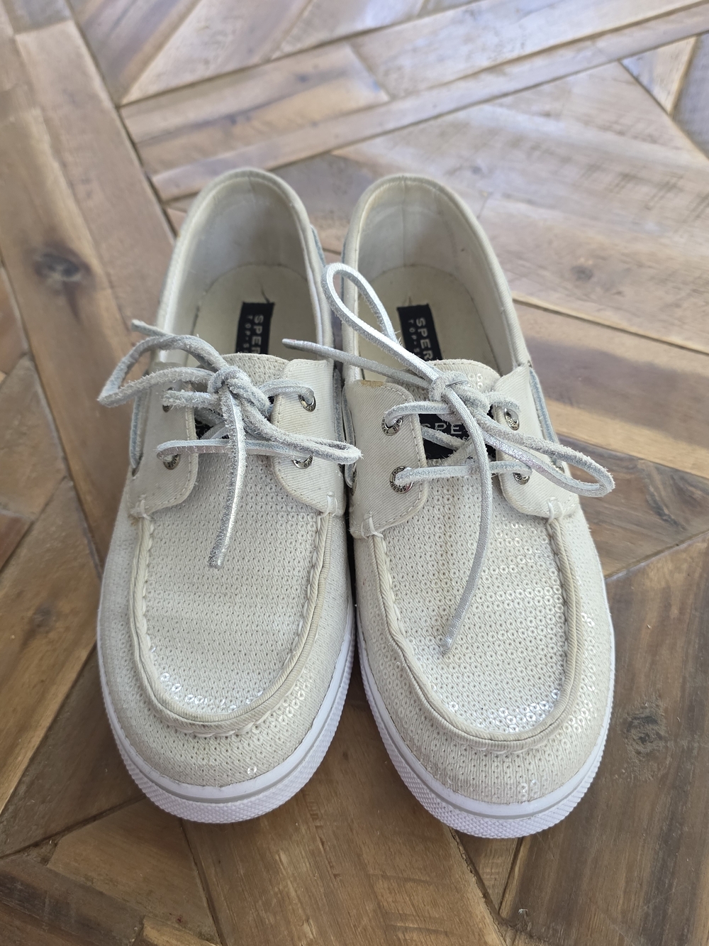 Sperry Women's Beige Sequin-Accent Boat Shoes, 5.5